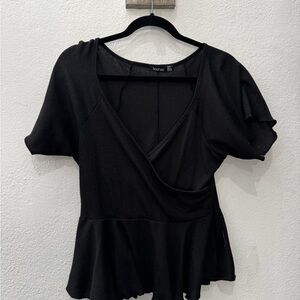 Boohoo Black Short Sleeve Wrap Peplum Top